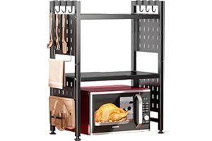 Kitstorack Verstellbarer Mikrowellenständer, Mikrowellenregal, robustes 3-stöckiges Regal mit 4 Haken für Küchenregale, Theken-Organizer, hält 81,6 kg, Schneidebretter Ständer
