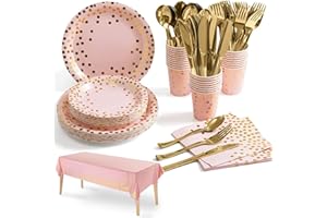 Nkaiso Vajilla de Fiesta,141piezas Rosado Puntos Dorados Reutilizable Set de Juego de Platos y Cubiertos, cubertería de cartón, Vasos y servilletas, para cumpleaños, Bodas, Aniversarios(20 Invitados)