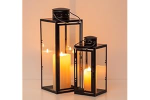 NUPTIO Lanterne Bougie Exterieur Noire - 24cm&35cm Métal Lanternes Outdoor Funéraire Cimetière Bougie Résistant Aux Intempéries Lanterne Jardin Extérieur Bougeoir Lumière du Vent Intérieur