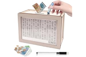 BYTLXM Tirelire en Bois, Tirelire Réutilisable avec Stylo Effaçable, Tirelire avec Objectif D'épargne et Chiffres à Cocher, Boîte Rangement Tirelire Rétro pour Aider Les Enfants à Commencer à Economiser