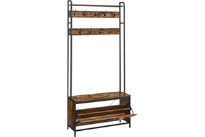 ‎VASAGLE VASAGLE wieszak na płaszcze z szafką na buty, wieszak na płaszcze z ławką, wieszak na ubrania, 9 haczyków, górna półka, do przedpokoju, industrialny design, vintage brązowo-czarny HSR405B01