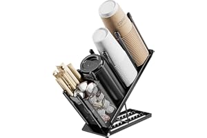 JANE EYRE Portavasos y portavasos ajustable – Organizador portavasos café con dispensador para desechable de 4 compartimentos cesta porta pajitas monodosis para estación de café bar de metal, negro