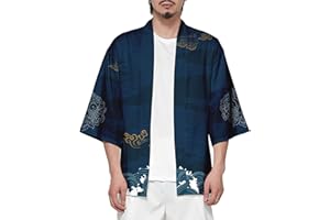 CIZEUR Hombre Hippie Camisa Kimono Japonés Estampado Holgado Manga 3/4