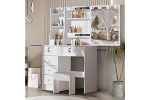 Ereousa Schminktisch mit Beleuchtung, Einstellbarer Helligkeit, Schminktisch mit Schiebespiegel, Kosmetiktisch mit 6 Schubladen und 6 Regalen, Frisiertisch mit Hocker Weiß H0526,36x80x131cm