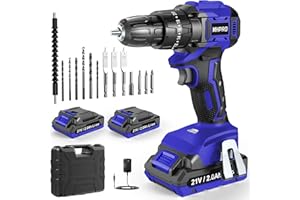 MHPRO Taladro Percutor a Bateria 21V, Taladro Atornillador Batería Sin Escobillas con 2 Baterías 2.0Ah, Atornillador Electrico 45N.m, 20+3 Ajuste de Par, Brushless Drill 14 Accesorios, 2 Velocidad