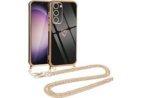 Vauki Funda con Cuerda para Samsung Galaxy S23 5G, Patrón de Corazón TPU Carcasa, con Colgante Collar Correa, AntiChoque Suave Silicona Cover para Samsung S23 6.1", Cadena de Metal-Oro
