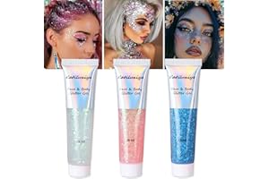 Katiluxiya 6 Face Body Glitter Gel, Sequins Chunky Liquid Mermaid Sequins Chunky Liquid, Face & Body & Eye & Lip Festival Holographic Glitter for Party (Pack of 3)