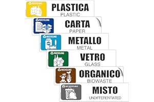 EVM Set Adesivi in PVC Morbido, 6 pz. Impermeabili, Lavabili per Raccolta Differenziata Riciclaggio rifiuti Italiano e Inglese (15 x 4 cm - Icon)