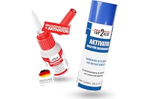 Top2Glue XXL Aktivator Sekundenkleber extra stark wasserfest + temperaturbeständig - Cyanacrylat Alleskleber Set 50g Kleber + 200ml Spray für Metall, Holz, Glas, Gummi, Kunststoff, Modellbau (dünn)