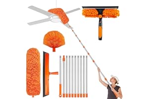 GARQITWAN Plumeau Poussiere Telescopique 4,3 m, Tete De Loup Telescopique avec Extension RéGlable 43-430 cm, Balai Araignée Tete 2 en1 Nettoyeur de Vitre 4 PièCes pour Plafonds, Meubles, Stores
