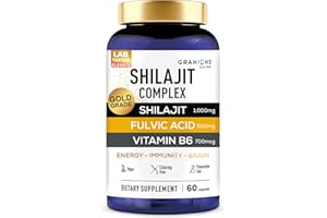 Shilajit original Himalaya 1000mg - Shilajit kapseln Himalaya - Vitamin B6-100% Vegan - +50% Fulvinsäure - Immunität, Energie, Konzentration - 60 Kapseln - 1 Monate - GRANIONS