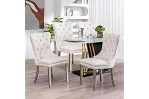 SoarFlash Ensemble de 4 Chaises de Salle à Manger en Velours, Dossier à Ailes, piquetage à Boutons, Garniture rivetée, Anneau de Dossier et Jambes en métal argenté, Beige
