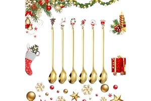 DEREINE Cuillères de Noël, 6 Pièces Cuillères à Café de Noël, Cuillères à thé à Dessert en Acier de Noël, Ensemble de cuillères à café de Noël, Petite Cuillère à Dessert, avec boîte cadeau (Gold)