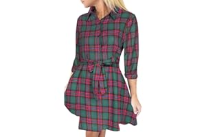 FANCYINN Mujer Plaid Cuadros de Manga Larga Túnica Tops Camisa Informal Vestido con cinturón