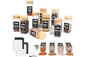 ELAGEL Spice Jars, Square, with Shaker Insert – Set of 12, 120 ml Spice Jars, High-Quality Wooden Lids Made of Bamboo – Spice Shakers, Glass with Shaker Attachments, Funnel, Labels and Chalk