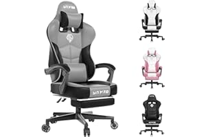 Popsit Gaming Chair Ergonomic Office Chair with Headrest and Lumbar Support PU Leather Video Game Chair Height Adjustable Swivel Gamer Chair with Footrest for Adult (Gray)