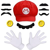 Super Mario Mütze + Handschuhe + Bart + 38mm XL Knöpfe gelb Kostüm für Fasching Karneval Motto Party für Kinder und…