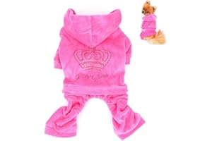 SELMAI SEIMAI Rhinestone Crown Soft Velvet Dog Hoodie Jumpsuit for Small Dog Cat Puppy Winter Hooded Pajamas Tracksuit Outfits Pink S