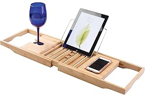 iDesign Formbu, Organizador de bañera con bandeja para lectura, soporte para una copa de vino, tableta y teléfono, Natural