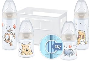 NUK First Choice+ biberon Starter Set | 0-6 mesi | 4 bottiglie con controllo della temperatura e scatola porta-biberon | Valvola anti-coliche | Senza BPA | Disney Winnie the Pooh | 5 pezzi