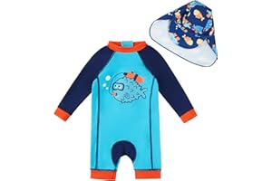 upandfast Maillot de Bain Une pièce avec Fermetures éclair pour bébé garçons Maillot de Bain pour bébé Protection Solaire UPF 50+ avec Chapeau de Soleil