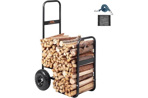 VEVOR Chariot Transport Bois de Chauffage Charge 113,4 kg Chariot de Bûches de Bois Acier 67x52x110 cm Range Bûche Intérieur avec Roues Gonflables Caoutchouc Porte Bûche Extérieur pour Cheminée, Noir