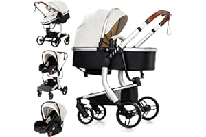 Reenborn Cuir PU Poussette 3 en 1, Poussette Bebe avec Réversible Deux Façons de Pousser, Pousette avec Cadre Aluminium Haute Paysage, Pousette 3 en 1 avec Conception Pliable en Un Clic (518 White)