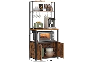 VASAGLE Kitchen Bakers Rack with Power Outlet, Coffee Bar Cabinet with 90 cm High Worktop, Microwave Stand with 8 Hooks, 40 x 60 x 170 cm, Rustic Brown and Ink Black KKS058K01