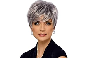 DKE&YMQ Pelucas Grises Para Mujer, Temperamento, Flequillo Oblicuo, Textura, Cabello Corto Esponjoso, Negro Degradado Plata, Pelucas Mujer Mediana Edad Y Ancianas, Cabello Natural Uso Diario