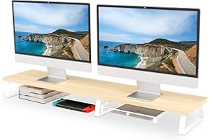 Aothia Large Dual Monitor Stand Riser - Wooden Computer Desk Stand with Metal Legs,Desk Organizer with Drawer and Underneath Storage,Desk Shelf for PC/Printer/TV/Laptop, Oak