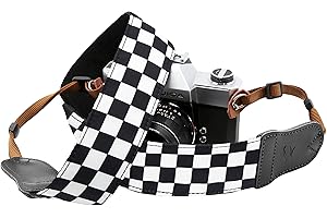 PADWA LIFESTYLE Correa de cámara a cuadros en blanco y negro, de 2 pulgadas de ancho con cabeza de vaca de doble capa, correa de cuello ajustable para todas las cámaras, regalo para fotógrafos
