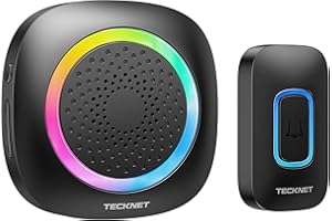 TECKNET Bezprzewodowy Dzwonek,Zasilanie Bateryjne,Światło RGB,IP66 Wodoodporny Przenośny Bezprzewodowy Zestaw Dzwonków,400M,60 Melodii i 5 Poziomów Głośności z Żywotnością Baterii 4,5 Roku (Czarny)
