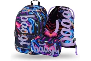 Baagl Schulrucksack Set Mädchen 3 Teilig, Schultasche für Grundschule Volksschule, Grundschule Ranzen mit Brustgurt, Ergonomischer Schulranzen (Marble)