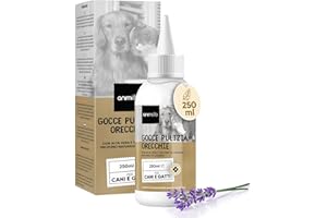 ANIMIGO Pulizia Orecchie Cane e Gatto Liquido 250 ml, Gocce Orecchie Gatto e Cane Contro Acari Cerume e Prurito, Pulizia Orecchie Gatto e Cane in Gocce, Detergente Orecchie Cane Gatto con Lavanda e Aloe Vera