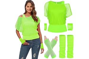 WILDPARTY 80s Fancy Dress Fishnet Top for Women, Tank Top, Leg Warmers, Fishnet Gloves, 1980s Costumes Neon Off Shoulder Fishnet T-Shirt Accessories Retro Theme Party Cosplay