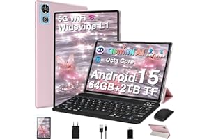 DEERTIME 2025 AI Tablet 10 Pollici Android 15, 30GB RAM+64GB ROM(TF 2TB), 8 Core 2.0 Ghz, 5G+2.4G Wi-Fi, BT 5.0, 8MP+5MP, Cast, 1280 * 800 FHD, Widevine L1, GMS Tablet PC con Tastiera e Mouse,Caso (Oro rosa)