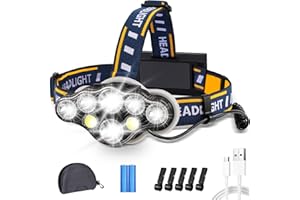 Lampe Frontale LED Rechargeable, Ultra Puissante Lampe à 8 Del de 18000 Lumens, Torche Frontale Étanche et Léger, Parfait pour Le Camping, la Pêche, la Cave, Le Jogging et la Randonnée