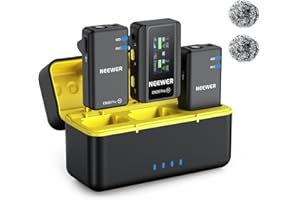 NEEWER CM28 PRO Wireless Lavalier Lapel Microphone System with Charging Case 48KHz 16 Bit Uncompressed Audio Noise Canceling 4GB Storage 9Hrs Recording Compatible with iPhone iPad Android Camera PC