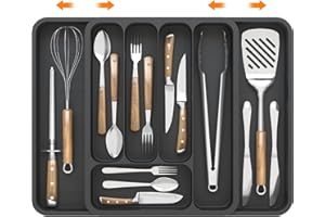KeZaara Portaposate da Cassetto 45 cm, Espandibile Porta Posate Cucina Cassetto (36,2 × 47 × 5 cm), Con 7 Scomparti, Adatto Cucchiai, Forchette, Coltelli, Nero