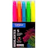 Campus Highlighters, Highlighter Pen with Beveled Tip, Pack of 5 Neon Highlighter Pen, Water-Based Highlighter Pens (Pack of