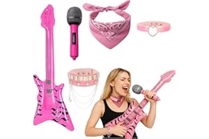 YFHUVB Rock Star Fancy Dress Kids, 5Pcs Girls Rockstar Costume Set With Inflatable Guitar, Microphone, Bracelet, Bandana And Collar, Perfect For Theme Parties, School Performances And Role Play