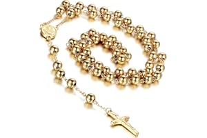 Flongo Collana Rosario da Uomo,Collane Novelty Y,Collana Catena Lunga con Pendente Croce Crocifisso,Rosario Cattolico con Medaglia Fatto a Mano,Regalo Natale