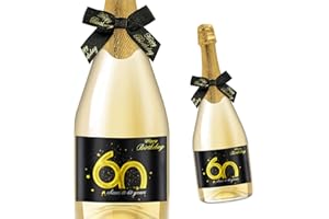 Giftota Lot de 2 60 étiquettes pour Bouteilles d'anniversaire et nœuds Cadeaux – Étiquettes de vin personnalisées pour vin Mousseux et Mousseux – Décoration d'anniversaire pour 60 Ans – Cadeau