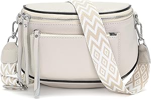 LANXINGLUO umhängetasche Damen Bauchtasche Damen Leder Brusttasche Damen klein crossbag Damen breiter Gurt Mehrschichtiges Design mit Münzfach beige