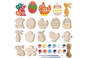 Camiki Art Easter Crafts Wooden Ornaments Set, 48 PCS Easter Crafts for Kids Wooden Hanging Embellishments Easter Gifts, Easter Bunny Decorations Party Supplies DIY Decor Home Wall Door Decor