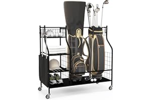 SPOTRAVEL Golf Storage Rack, Extra Large Golf Club Organizer with Lockable Universal Wheels and Removable Hanging Hooks, Golf Bag Stand for Golf Equipment Accessories