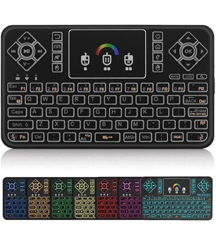 Rii RK707 - Mini teclado y mouse combinado con trackpad, teclado multimedia con controlador de juego, vibración turbo retroiluminada recargable de 62 teclas para PC/Raspberry Pi2/Android TV Google/TV
