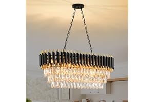 MSSIAN Moderne Kristall-Kronleuchter für Esszimmer 8-Licht Schwarz und Gold Kronleuchter Wohnzimmer Oval zeitgenössische Decke Hängelicht Anhänger Leuchte für Küche Island Bar L80CM