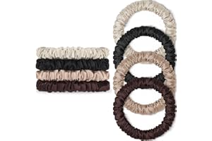 Scrunchies Haargummis Seide Satin Scrunchy, WantGor Damen 4PC Pure Mulberry Silk Skinny Elastische Haargummis Haarbänder Armbänder Pferdeschwanzhalter Haarschmuck (Schwarz,Braun,Champagner,Aprikose)