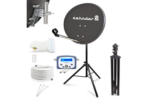 LOGISAT Digitale Camping Sat Anlage Spiegel 60 cm Single LNB 0,1 dB + 10m Kabel + Sat Finder + Dreibein Stativ Kabel Balkon Caravan Mobil Schüssel Antenne HD UHD 4K geeignet d